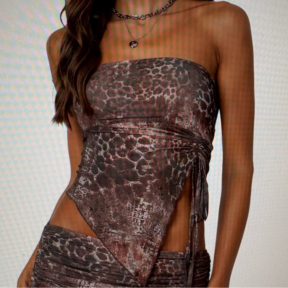 Edikted Leopard Print Strapless Mesh Top